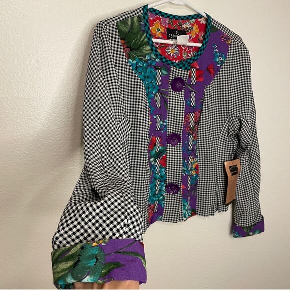 Vintage Carole Little Petites Jacket NWT Size 8 Flower Button Checkered Floral - Picture 2 of 10